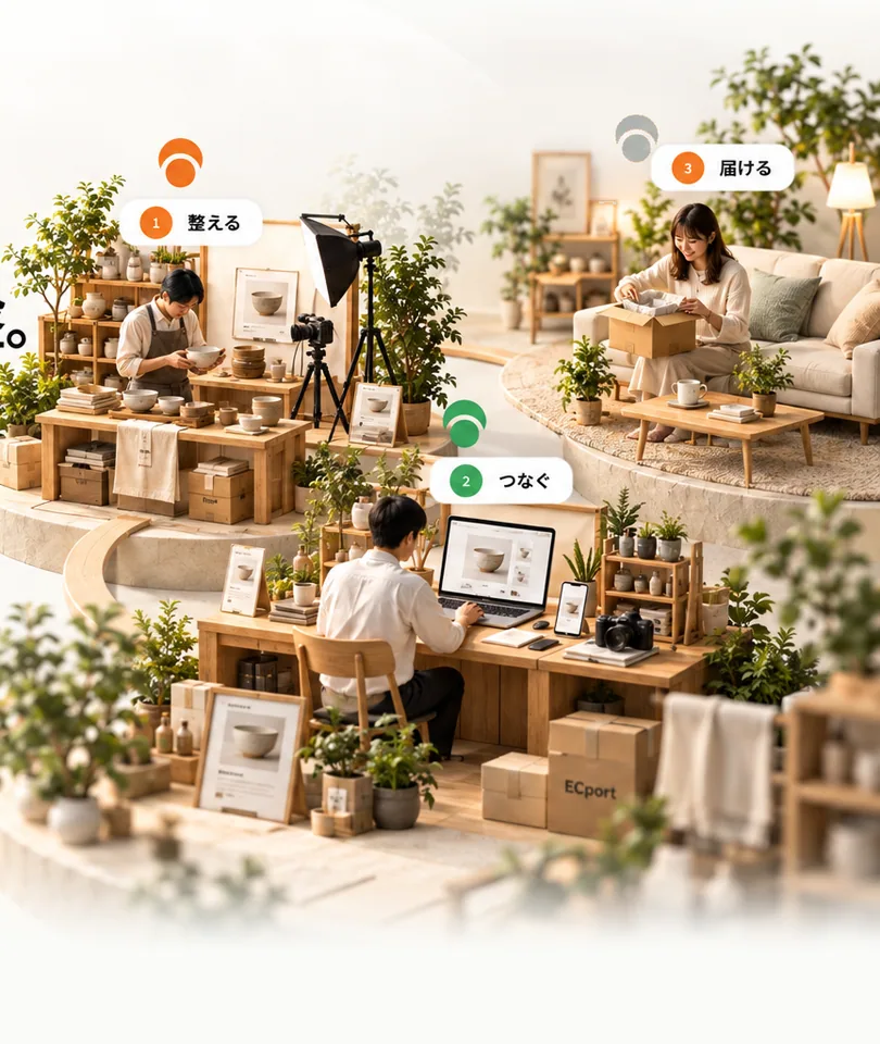 商品を撮影して整え（1 整える）、売り場とつなぎ（2 つなぐ）、顧客の手元へ届く（3 届ける）までの情景