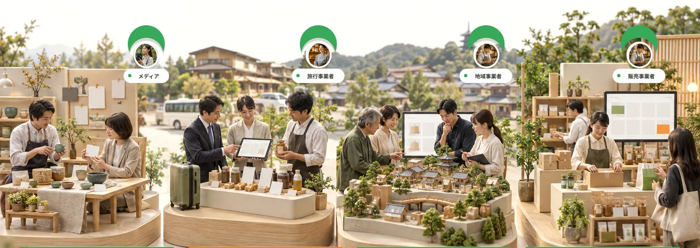 メディア・旅行事業者・地域事業者・販売事業者が、それぞれの売り場でECportを活用している情景