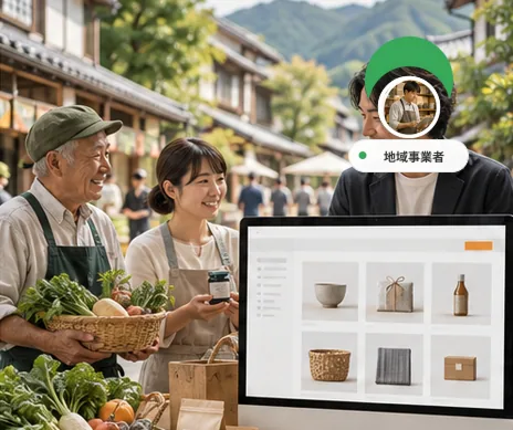 地域の生産者と店舗が、共通の売り場画面を見ている