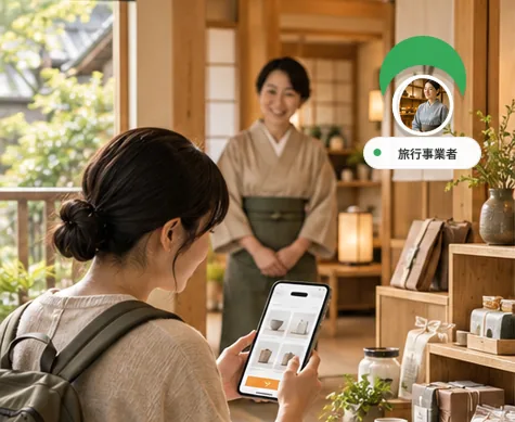 旅館でスマートフォンから商品を見る旅行者