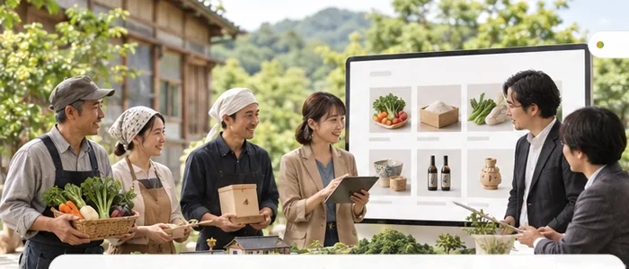 地域の生産者と企業のメンバーが売り場を見ている