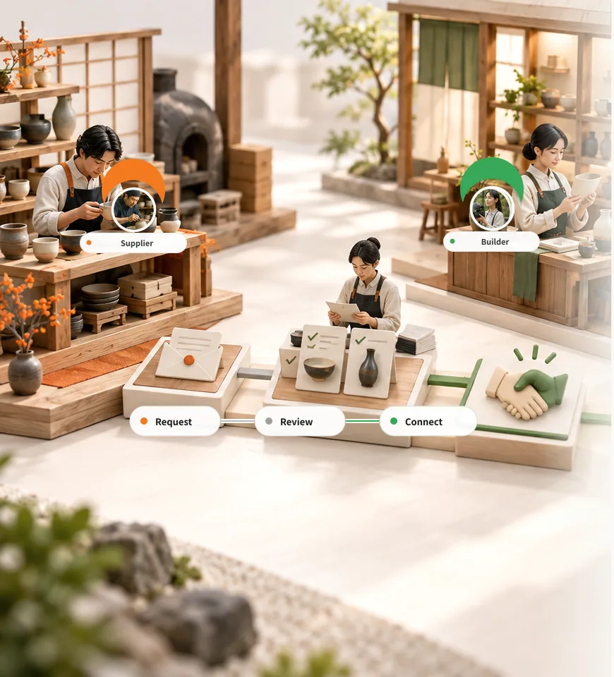 SupplierとBuilderが、Request → Review → Connect の順に合意して握手する情景