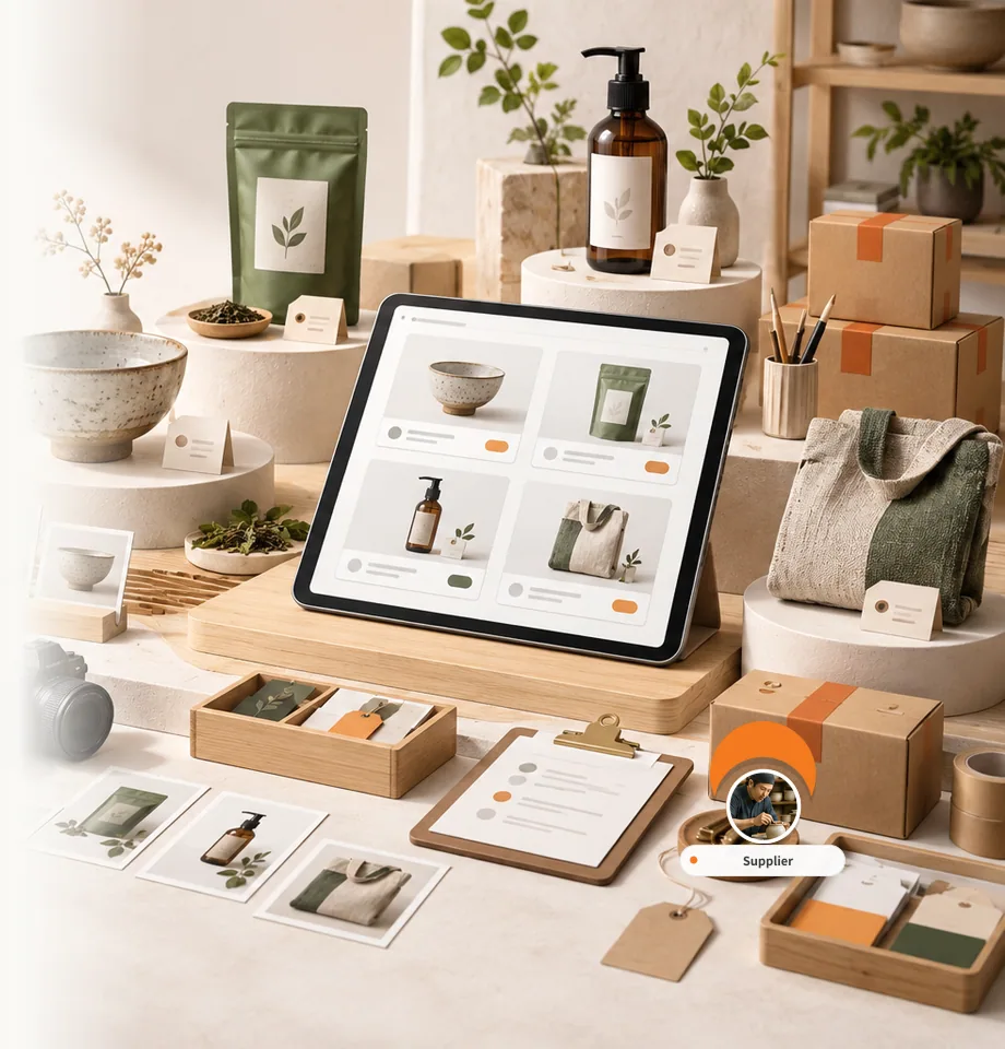 タブレットに整えられた商品情報と、撮影された商品（器・お茶・ボトル・トートバッグ）