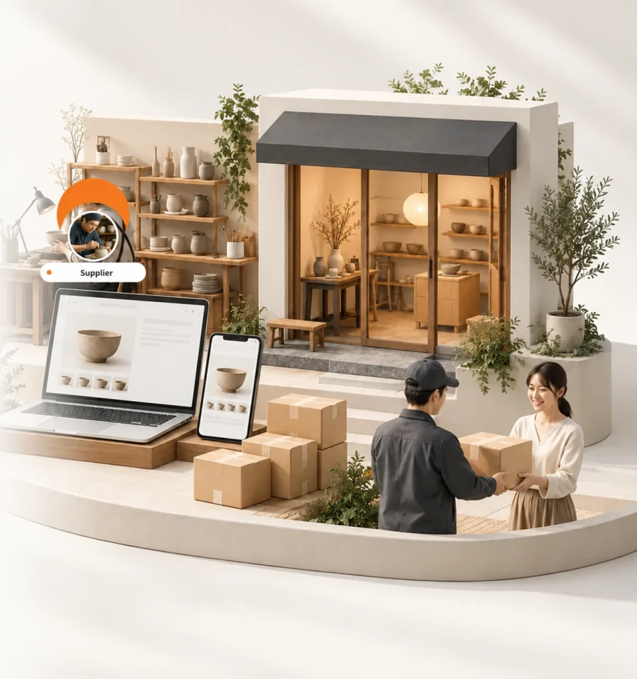 Supplierが自社ストアで商品を販売し、顧客へ直接届けている情景（ノートPCとスマートフォンの自社EC、店舗、配送）