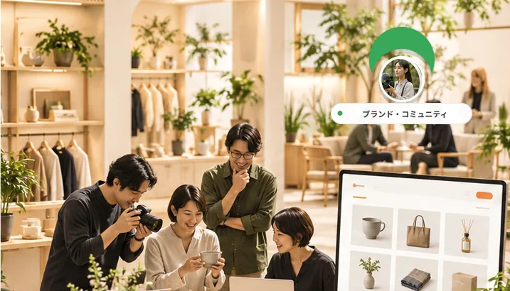 ブランドのコミュニティが集まり、セレクトショップの商品を選んでいる情景