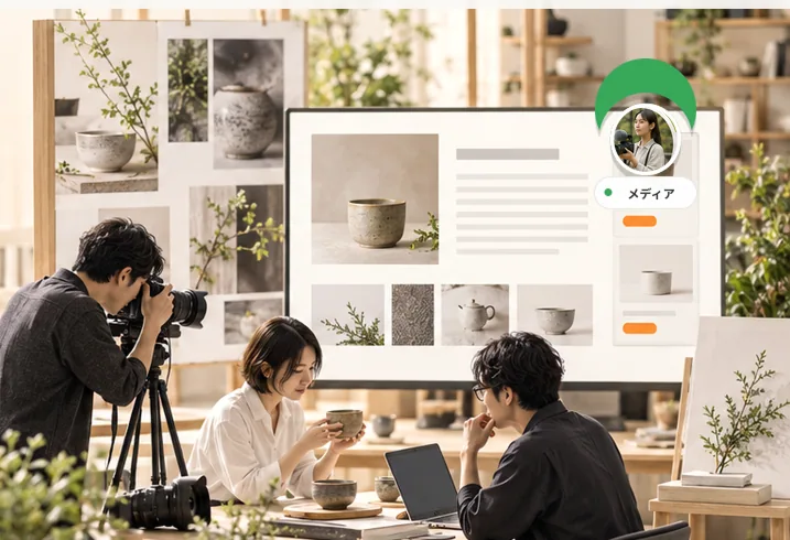 商品を撮影・取材するメディアと、記事に連動した売り場の画面
