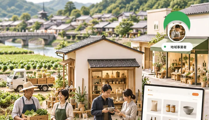 里山の町で、生産者と店舗が集まって地域の商品ページをつくっている情景