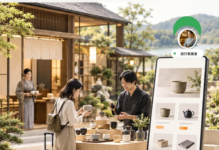 旅館の売店で器を手に取る旅行者と、旅行後に購入できるスマートフォンの売り場