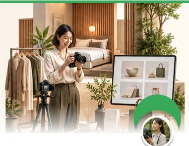 カメラを構えるクリエイターと、商品を並べた売り場の画面