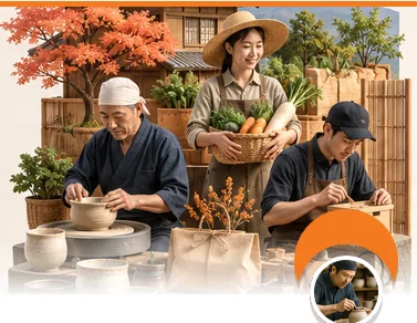 陶器をつくる職人と野菜を収穫した生産者